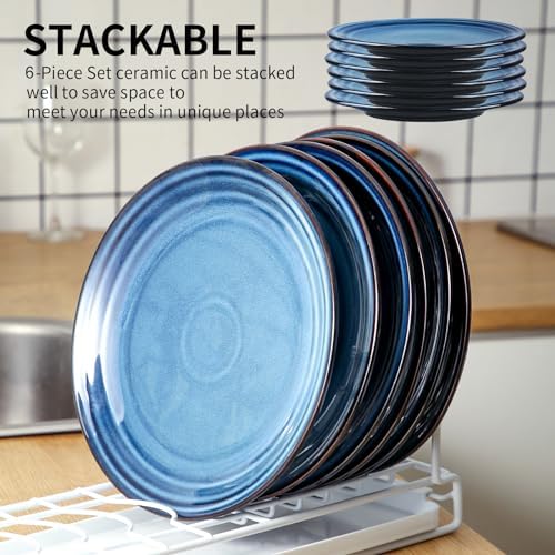 HASENSE 10 Inch Dinner Plates Set of 6,Ceramic Large Porcelain Pasta and Salad Plates,Blue Stoneware Plate Set Microwave,Oven,and Dishwasher Safe - Image 4