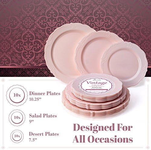 Vintage Collection Set of Blush Dinner, Salad & Dessert Plates - High Quality Embossed Rim Design Disposable Dinnerware - Great for Formal Dinners, Weddings, and Holidays (Set of 30) - Image 4