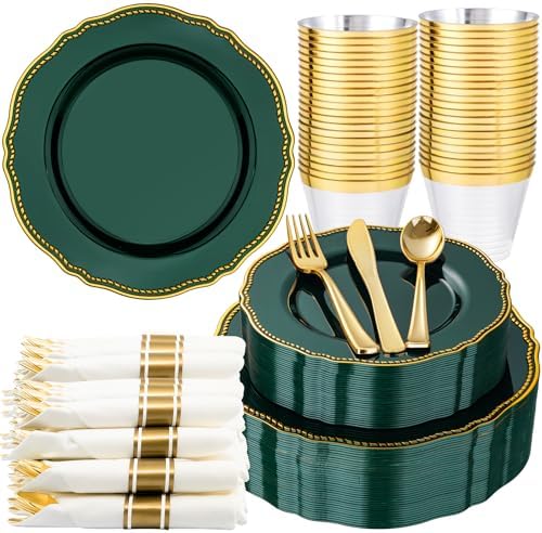 Hioasis 175 Pcs Green Gold Plastic Plates Wedding & Party by Hioasis