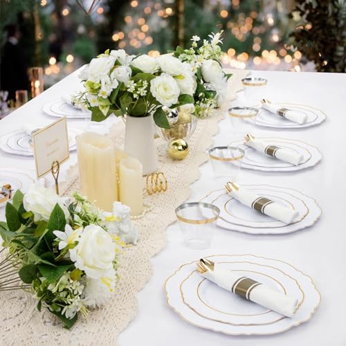 Liacere 175pcs Gold Plastic Plates - White and Gold Disposable, include 50Plates, 25Pack Pre Rolled Napkins with Silverware 25Cups Perfect for Wedding & Party & Holiday & Thanksgiving & Fall Party - Image 3