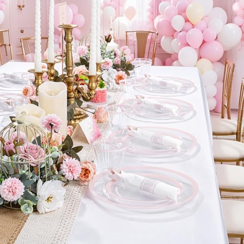 I00000 210 Clear Pink Plastic Plates Set, Pink Disposable Plates for Party - Image 6