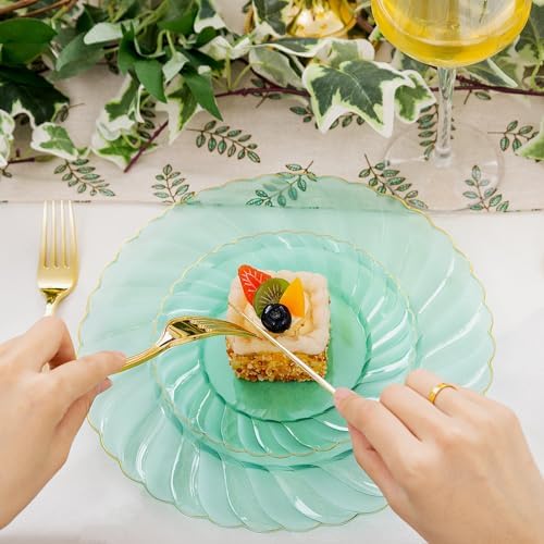 YOUBET 125PCS Clear Green Plastic Plates with Gold Rim for Wedding Party - Image 5