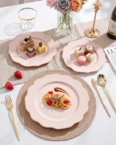 bUCLA 180PCS Pink Plastic Plates - Pink with Gold Rim Disposable for Party Include 30 Each (Dinner & Dessert) Plates, 30 Knives, 30 Forks, 30 Spoons, 30 Cups for Wedding, Birthday & Party - Image 6