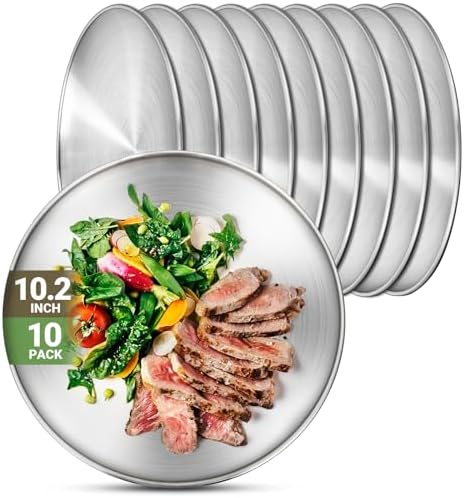 Metal Dinner Plate, 10 Pack 10.2 inch 304(18/8) Stainless Steel Plates, Reusable lunch salad Pizza BBQ Food Serving Snack Eating Dishes Round Shatterproof Plate Silver Dinnerware Oven Safe by Offiper