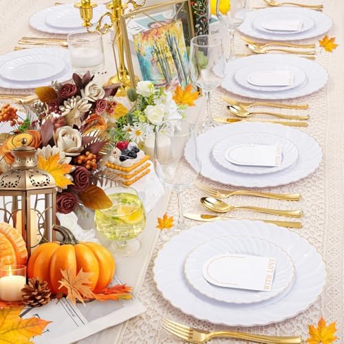 YOUBET 125PCS White and Gold Plastic Plates for Wedding Parties - Image 4