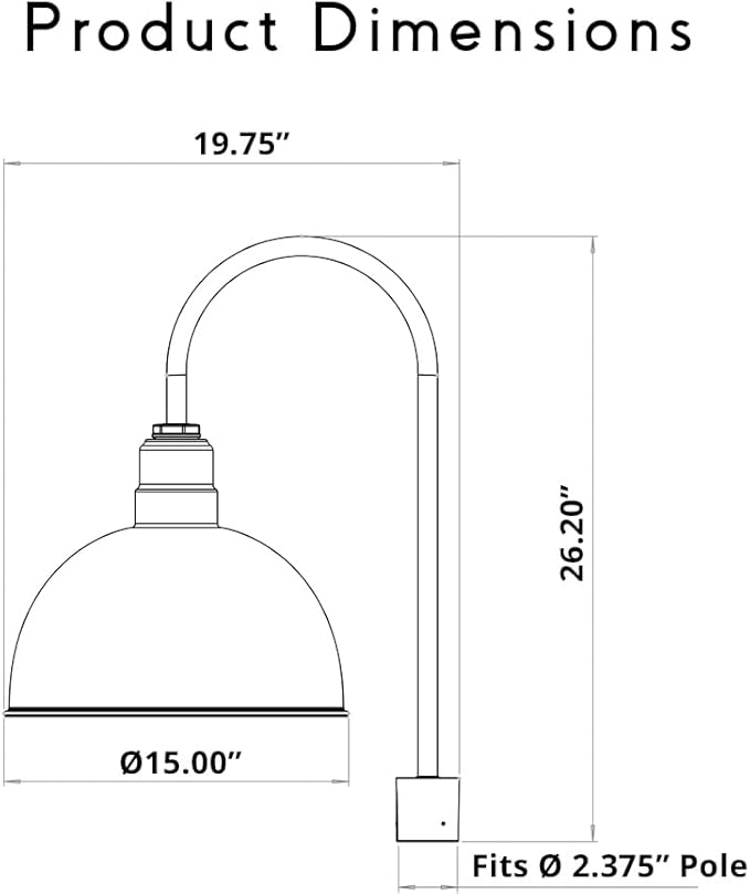 Steel Lighting Co. Hollywood Bowl Light |Pole Top Mounted | 15" Dome | Upslope Gooseneck with Slip Fitter for 2-3/8" Standard Poles | Made in America | Matte Black Exterior/Brass Interior