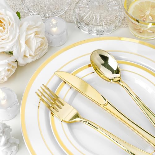 175 PCS White and Gold Plastic Dinnerware Set for 25 Guests, 50 Disposable Plates for Party, 25 Pre Rolled Napkins with Gold Silverware, 25 Cups - Image 4