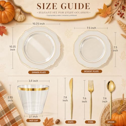 Liacere 150Pcs Clear Plastic Plates-Clear and Gold Disposable Plates Set-Clear and Gold Rim Disposable Plastic Dinnerware include 50Plates,25Pack Silverware and 25Cups for Thanksgiving/Fall Party - Image 3