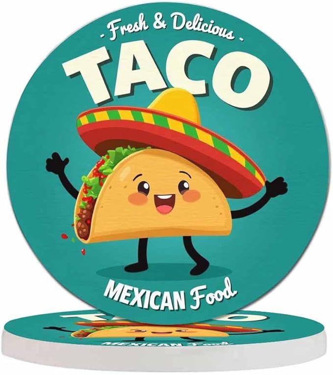 Taco Coasters for Coffee Table Cute Cartoon Mexican Food Funny Happy Hat Lovely Smile Beef Tomato Chicken Housewarming Presents for Women Men Home Decor Office Kitchen Living Room 2 Pcs