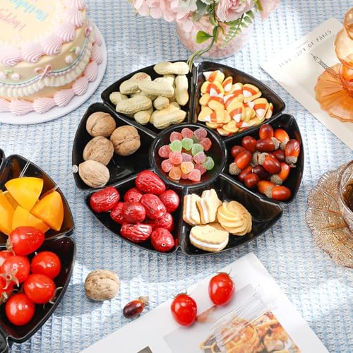 Zhehao 6 Pcs Plastic Divided Serving Trays with 60 Pcs Disposable Fork, 7 Compartments Round Chip Dip Plate, Petal Shape Platter, 10.6'' Snacks Serving Dish for Party Candy Nuts Fruits (Black) - Image 7