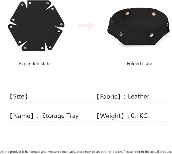 Black leather storage tray, multi-functional clutter organizer with snap fasteners, octagonal key, jewelry and accessory storage bowl, diameter: 4.7 inches, height: 1.7 inches