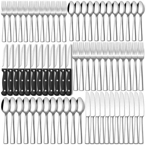Stapava 72-Piece Silverware Set with Steak Knives, Food-Grade Stainless Steel Flatware Set for 12 Mirror Polished Cutlery Utensil Sets Include Dinner Knives Spoons and Forks Set Dishwasher Safe by StapavaSilverwareSet