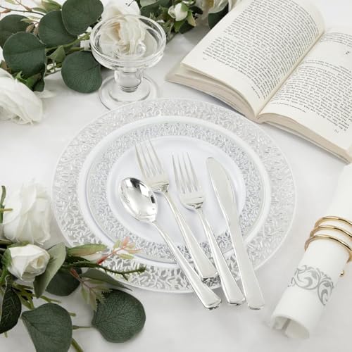 WELLIFE 350 Pieces Silver Disposable Plastic Dinnerware, Includes:50 Dinner Plates, 50 Dessert Plates, 50 Cups, 50 Pre Rolled Napkins with Silver Cutlery - Image 6