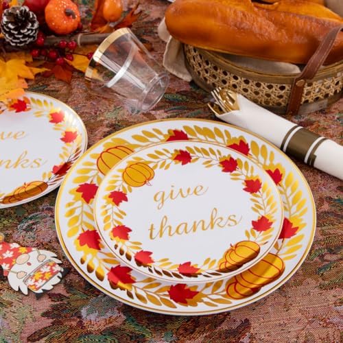 Rubtlamp 175Pcs Thanksgiving Plastic Plates, Gold Disposable Plates With Red Wreath, Fall Party Plates Include 75Gold Plastic Cutlery with Pre Rolled Napkins,25Dinner Platos, 25Salad Platos, 25 Cups - Image 6