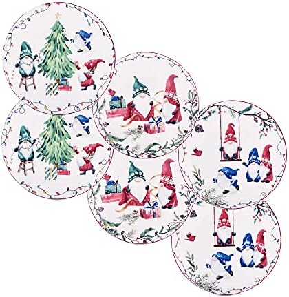 Bico Christmas Gnomes Appetizer Plates Set of 6, 6 Inch Small Ceramic Dessert Plates for Snacks, Salad, Tablescape, Microwave and Dishwasher Safe, Gift for Housewarming and Thanksgiving by Bico