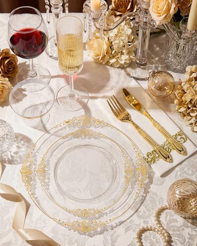 Morejoy 175PCS Clear and Gold Plastic Plates,Clear Plastic Dinnerware Sets - Image 2