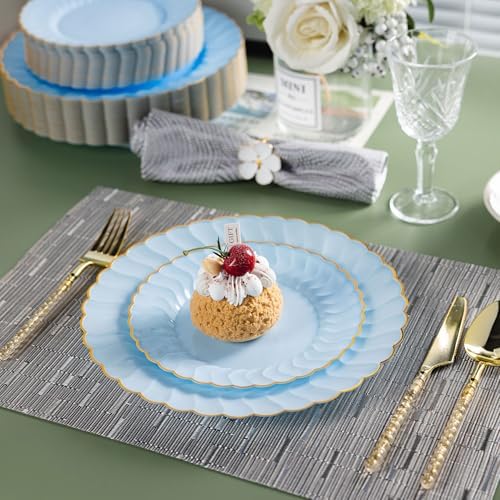 Lullaby 60PCS Light Blue Scalloped Plastic Plates with Gold Rim for Party - Image 6