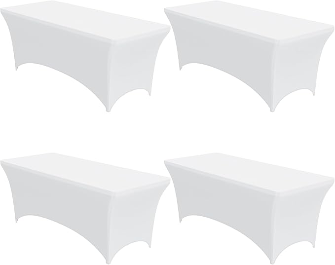 4-Pack White Spandex Tablecloths – 48"x30"x30" Stretch Fitted Table Covers for 4ft Rectangle Folding Tables, Wrinkle-Resistant Tablecloth for Wedding, Banquet & Outdoor Events