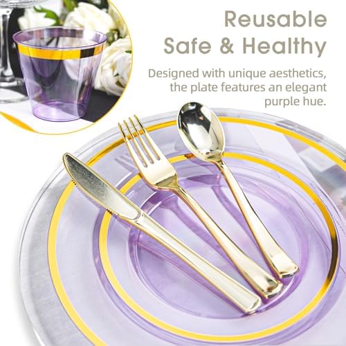 N9R 600PCS Purple Gold Plastic Plates, Disposable Dinnerware Set for Party - Image 5