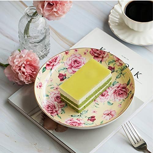 BTaT- Floral Dessert Plates Ceramic, Set of 6, 8 Inch, Assorted Colors with Golden Rim, Deep Porcelain Floral Plates Set of 6, Dishwasher Safe - Image 6