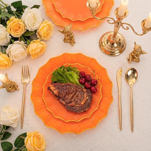 Rubtlamp 60Pcs Orange Plastic Plates - Orange Scalloped Plates with Gold Trim - 30 Dinner & 30 Dessert Platos, Heavy-duty Gold Plates for Party (30 Guests) - Image 4