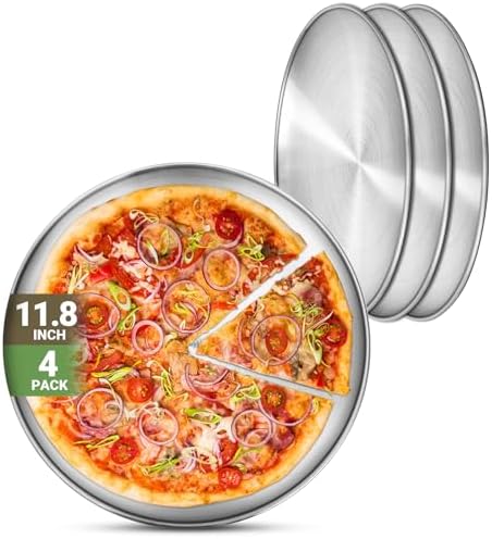 Stainless Steel Plates, 4 Pack 11.8 inch 304(18/8) Metal Food Serving Plate Set, Reusable Snack Eating Dishes Round Shatterproof Plate Silver BBQ Dinner Lunch Dinnerware Oven Dishwasher Safe by Offiper