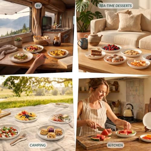Homienly Unbeakable Deep Plates Wheat Straw Dessert Plates Set of 6 Lightweight 8 inch Kids Plate Set for Camping, Party, Microwave and Dishwasher Safe Plastic Plates for Bread & Butter, Snack (White) - Image 7