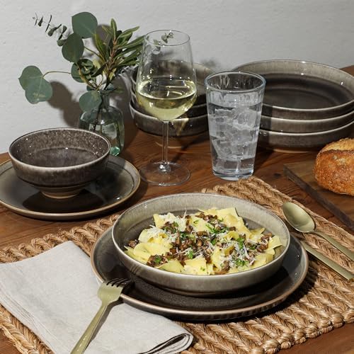 Gibson Elite Hailstone 16 Piece Stoneware Reactive Glaze (Service for 4) Ceramic Plates and Bowls Dinnerware Set - Black - Image 2