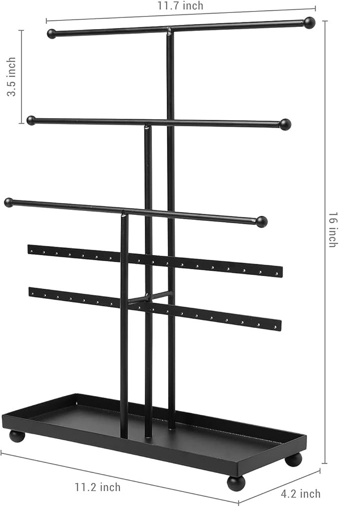 MyGift Modern 3-Tier Metal Jewelry Organizer Stand - Matte Black Jewelry Storage Display with Ring Tray, 18 Earring Hooks & 5 T-Bars for Necklaces, Bracelets, Earrings - Home/Boutique Use