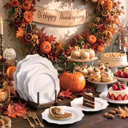 WDF 50PCS White and Gold Plastic Plates - Fall Disposable Plates for Party - Image 5