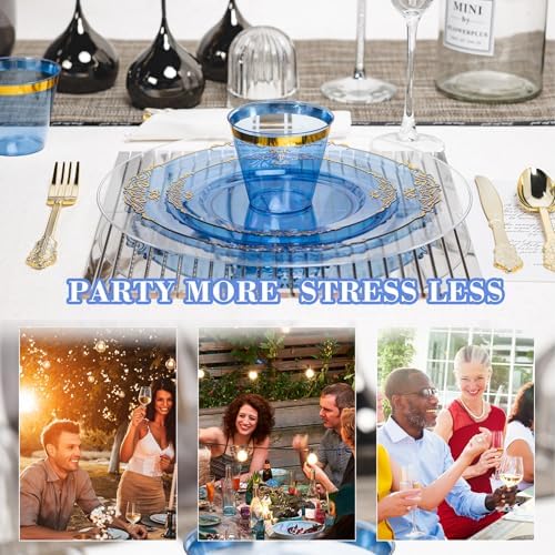 350PCS Gold and Blue Plastic Plates, Dinnerware Sets for 50 Guests - Image 5