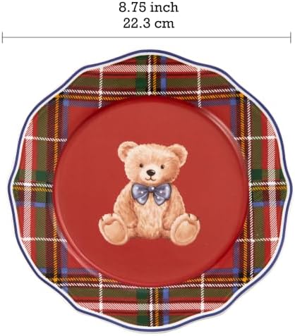 Bico Blue Ribbon Teddy Bear Scalloped Salad Plates Set of 4, 8.75 Inch Ceramic Dessert Plates for Salad, Appetizer, Side Dishes, Microwave and Dishwasher Safe, Gift for Housewarming and Christmas - Image 2