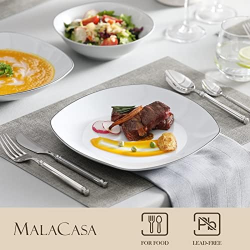 MALACASA Dinnerware Sets, 24 Piece Porcelain Square Dishes, White with Black Rim Plates and Bowls Sets, Ceramic Dish Set for 6, Chip Resistant Dishware Sets, Series ELISA - Image 3