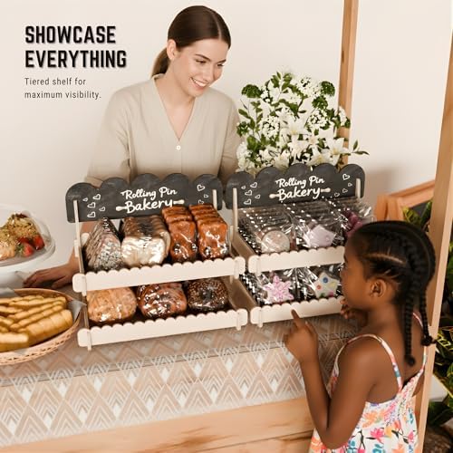 HOTCAN Wooden Cookie Display Stand with Chalkboard Sign for Bakers, Vendors, Craft Fairs | Pastry Display for Market Booths & Events | 2 Tiered Cookie Display for Muffins, Cakes, and Pastries(Natural) - Image 3