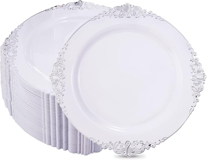 Hioasis 100pcs White Silver Plastic Plates - 10.25" Dinner Plates Disposable, Heavy -duty, Classy and Elegant for Thanksgiving