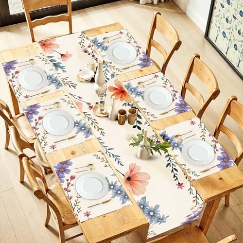 ANNA QUEEN Spring Floral Table Runner and Placemats Set of 6, 13"x72" Table Runner with 12"x18" Placemats, Watercolor Flower Dining Table Decor for 4 to 6 People, Summer Kitchen Decoration by ANNAQUEEN