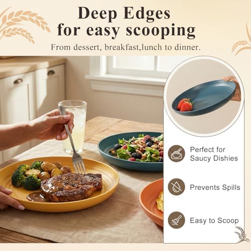 Wheat Straw Plates Set of 8, Reusable Plastic Dinner Plates 9 Inch, Unbreakable Kids Plates for Salad, Dessert, Microwave & Dishwasher Safe Camping Plate for Kitchen, Dorm, Picnic- Multi - Image 5