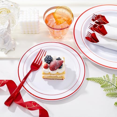 WELLIFE 700 Pieces Red Plastic Plates - Disposable Silverware and Cups, Include: 100 Dinner Plates 10.25”, 100 Dessert Plates 7.5”, 100 Red Cups 9 OZ, 100 Plastic Cutlery - Image 6