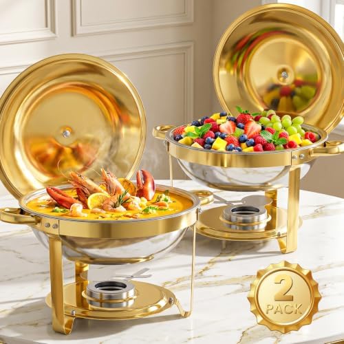 Chafing Dishes for Buffet, 2 Pack 5QT Stainless Steel Round Buffet Servers and Warmers, Food Warmers for Parties Buffet, Banquets, Weddings, Catering Events Complete Chafing Dish Buffet Set, Gold by Unknown