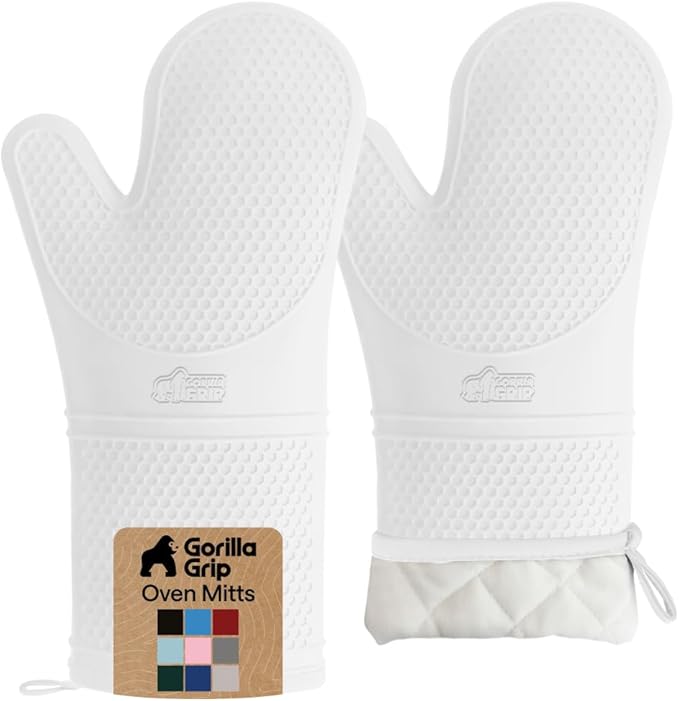 GORILLA GRIP BPA-Free Soft Silicone Oven Mitts, 14.5x8.3, Heat Resistant and Waterproof Cooking Gloves, Thick Cotton Lining, Flexible Gripping for Baking Grilling, Kitchen Potholders Set of 2, White