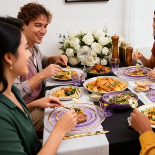 N9R 600PCS Purple Gold Plastic Plates, Disposable Dinnerware Set for Party - Image 6
