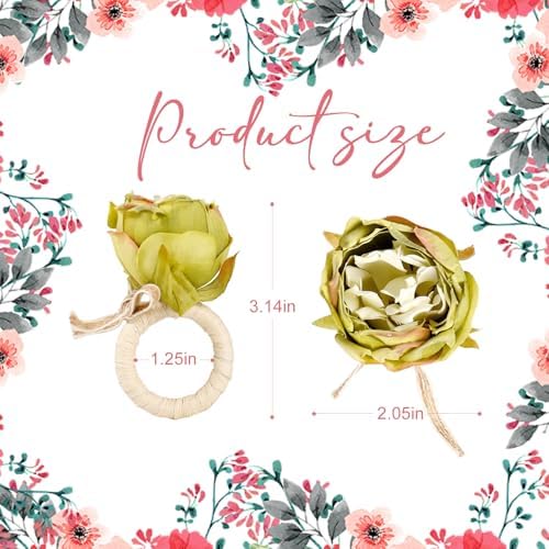Handcraft Green Flower Napkin Rings Set of 8, Peony Napkin Holder Floral Rings With Jute Bow Buckles for Summer, Wedding, Banquet, Birthday, Christmas, Valentine's, Thanksgiving Table Decoration - Image 5