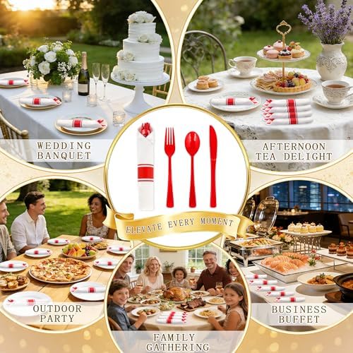 50 Pack Pre Rolled Red Plastic Silverware Set with Napkin - Image 4