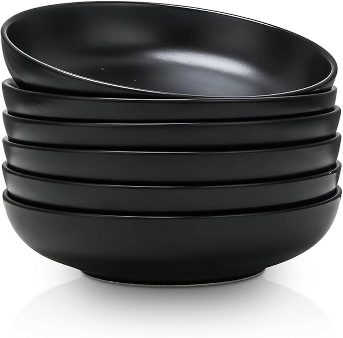 Selamica Porcelain 8.6 inch Salad Pasta Bowls Set of 6, 34 OZ Bowls Plates, Wide and Shallow Serving bowls, Microwave & Dishwasher Safe, Sturdy & Stackable, Set of 6(Black)