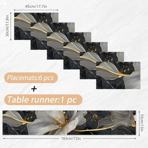 ANNA QUEEN Modern Luxury Table Runner and Placemats Set of 6 – 13"x72" Table Runner & 12"x18" Placemats, Black and Gold Abstract Floral Art Elegant Dining Table Decor - Image 2