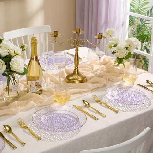 realluck 100Pcs Clear Purple Plastic Plates with Gold Rim - Image 3