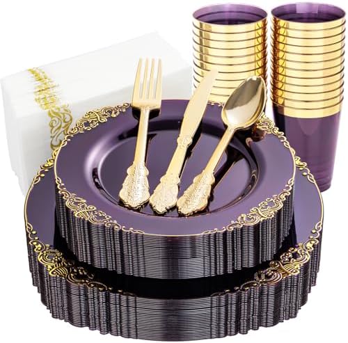 Nervure 175Pcs Clear Purple Plastic Plates, Dinnerware Set for 25 Guests by Nervure