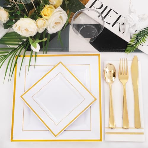 Festiva 350Pcs Gold Plastic Plates - Disposable Square Gold Plates Dinnerware set include 9.5"/6" Plates,Cups,Plastic Cutlery,Hand Napkins Perfect for 50 guests Party&Birthday&Wedding - Image 5
