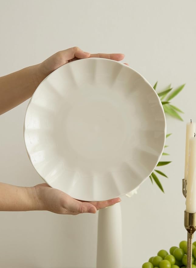 TAMAYKIM 10.5 Inch Porcelain White Dinner Plates Set of 8, Shallow Coupe Round Plates with Petal Edge for Pasta Salad, Steak Serving Dinnerware - Scratch Resistant, Microwave, Oven & Dishwasher Safe