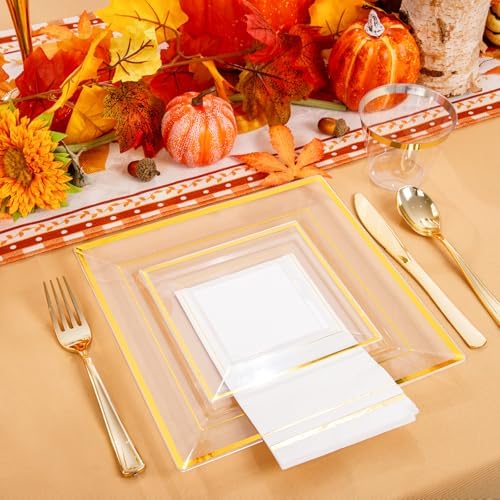 Festiva 350Pcs Clear Plastic Plates with Gold rim - Clear Gold Disposable Dinnerware for 50 Guests include Square Plastic Plates/Cups/Cutlery/Napkins Perfect for Birthday Party&Wedding - Image 2